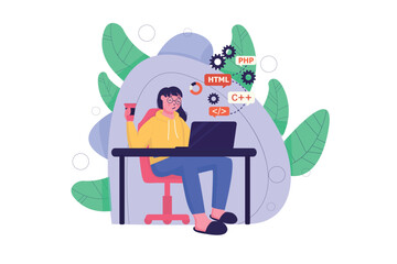 Programmer coding concept with people scene in the flat cartoon design. Programmer with a cup of coffee writes code on a laptop for new program. Vector illustration.