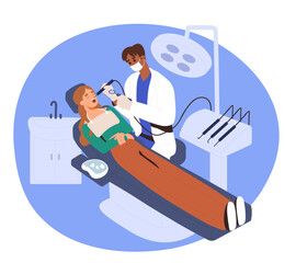 Ultrasound cleaning. Ultrasonic dental care. Scaler. Dentistry concept. Patient at the dental clinic. Help. Toothache. Teeth examination. Dental service. Flat vector illustration.