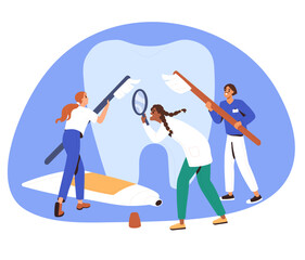 Dentistry concept. Dental care concept. Preventive care. Dentists brushing a giant tooth with toothbrushes. Toothache, dental clinic. Flat vector illustration. 