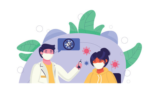 Vaccination concept with people scene in the flat cartoon style. Doctor persuades the girl to get a vaccine so as not to get a serious disease. Vector illustration.