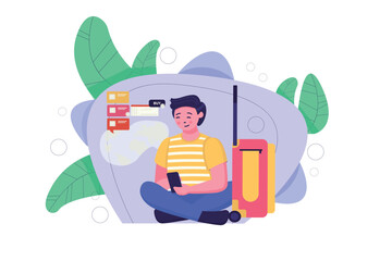 Concept buying flight ticket with people scene in the flat cartoon style. Man with packed suitcase buys a plane ticket on the Internet to go on vacation. Vector illustration.