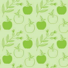 Apple and rosehip seamless fresh green background. Doodle hand drawing. Vector illustration