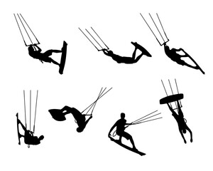 vector kitesurfing silhouettes water sports tricks. Black and white