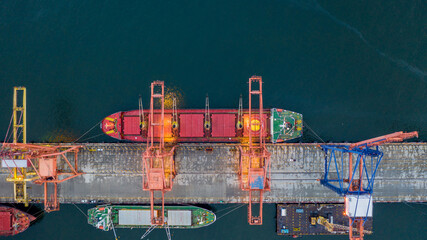 Aerial top view large general cargo ship bulk carrier, Bulk carrier dock, Global business import...