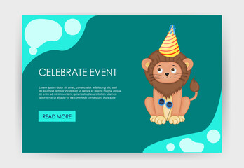 Homepage template for your site with cute lion. Cartoon style. Vector illustration.
