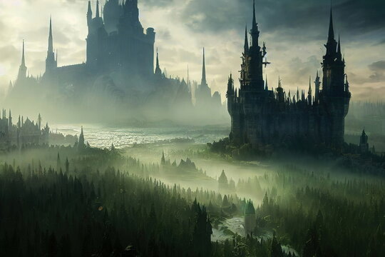 Majestic fantasy gothic castle in the river valley. Fantasy Backdrop. Concept Art. Realistic Illustration. Video Game Background. Digital Painting. CG Artwork. Book illustration.