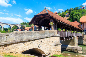 Berne Bridge (Pont de Berne) across the Sarine river in the lower town of Fribourg, Switzerland