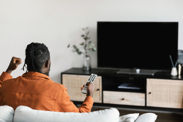 African american man cheerfing for favourite team, watching sports game on TV, television set with...