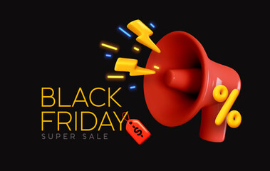 Black Friday super sale. Promo background with realistic 3d cartoon style elements, red megaphone, loudspeaker with lightning, percent symbols. Promotion banner, web poster. vector illustratio