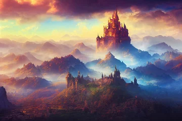 Wallpaper murals Aubergine Fantasy castle in the mountains, green hills, blue sky, Fantasy Backdrop. Concept Art. Realistic Illustration.Serious Painting. Video Game Background. Digital Painting. CG Artwork. 