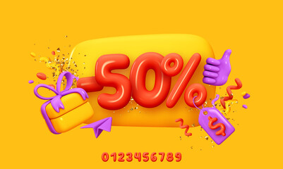 50% Black Friday super sale. Christmas and New Year discounts. Promo background realistic 3d cartoon style elements, percent symbols. Promotion banner, web poster. Numbers for discounts from 0 to 9.