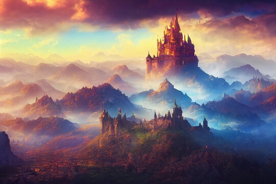 Fantasy castle in the mountains, green hills, blue sky, Fantasy Backdrop. Concept Art. Realistic Illustration.Serious Painting. Video Game Background. Digital Painting. CG Artwork. 