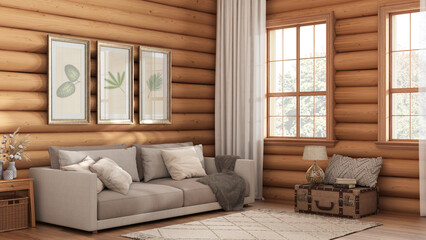 Wooden farmhouse log cabin in white and beige tones. Fabric sofa, carpet and windows. Vintage architecture, rustic interior design