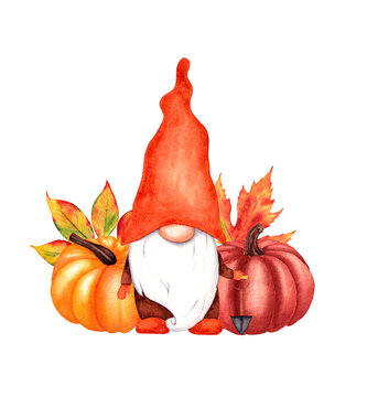 recommend clip art: Watercolor illustration cute autumn gnome with pumpkins and leaves. Thanksgiving or Harvest Day card design.