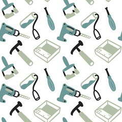 Seamless pattern about renovation. Repair, paint roller, drill, hammer. Vector doodle cute flat cartoon style.