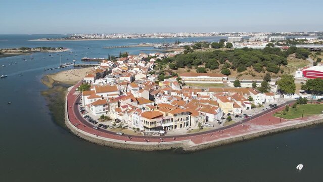 Aerial view of Seixal little township along the bay, Seixal, Setubal, Portugal.