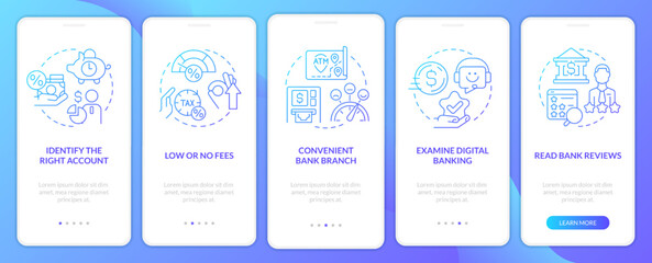 Choose bank blue gradient onboarding mobile app screen. Customer benefits walkthrough 5 steps graphic instructions with linear concepts. UI, UX, GUI template. Myriad Pro-Bold, Regular fonts used