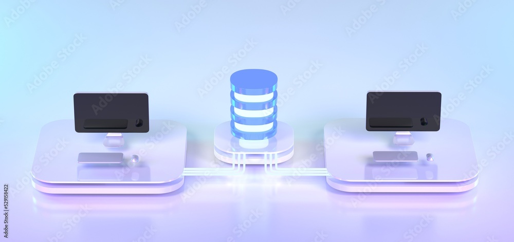 Poster Date center isometric 3d render. Server with computer equipment, web hosting infrastructure icons on neon web banner, database storage technology, cloud computing services