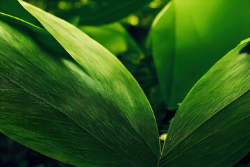 close up of green tropical leaves, freshness, peace calm zen nature background, 3d render, 3d illustration
