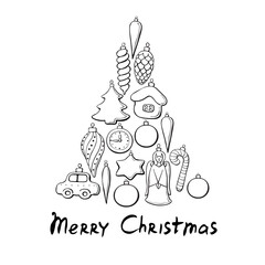 Vector Triangle of contoured glass toys, decorations for xmas tree with lettering Merry Christmas. New year, Xmas illustration for greeting cards, invitations, calendars. Outline, doodle, hand drawn