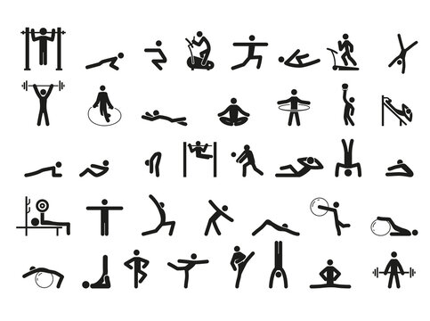 Human Sport Black Minimalist Icon Set Vector Illustration. Healthy Lifestyle And Vitality People