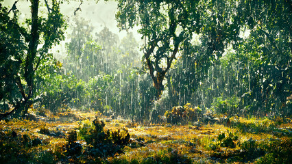 Raining in the deep forest. 3D illustration and rendering.