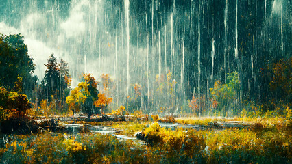 Raining in the deep forest. 3D illustration and rendering.