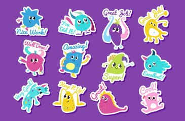 Funny monsters rewards smileys motivational phrase stickers set vector illustration