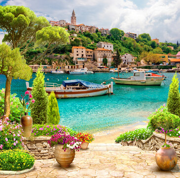 A port town with boats at the pier. Photo wallpapers. The fresco.