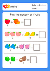 Calculate the numbers by fruits picture in maths subject exercises sheet kawaii doodle vector cartoon