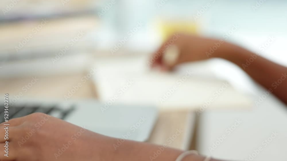 Poster Writing reminder in notebook, planning creative idea on paper and notes in book for marketing strategy in work office. Hands of business woman doing research on laptop and journal for startup company