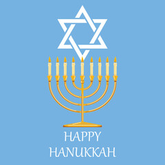 Happy Hanukka poster with traditional Jewish Menorah candle and star of David.  Vector template for greeting card, banner, invitation, flyer, etc.