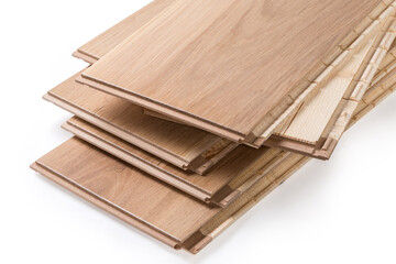 Oak engineered wood flooring boards stack, fragment of end parts