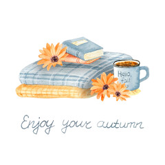 Watercolor autumn cozy blanket with books and cup of coffee. Chekered fall plaid and orange flowers. Autumn atmosphere