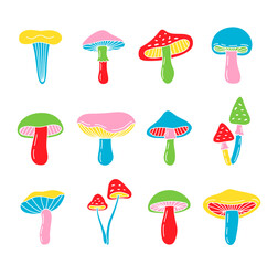 Set of mushroom icons. Colored mushrooms symbols. Chanterelle, amanita muscaria, truffle, porcini, honey agarics, morels. Vector illustration