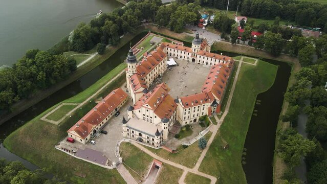 Top down aerial shot of Nesvizh castle in Belarus Nesvizh city on an overcast day