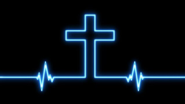 Animation of the cross of Jesus Christ illuminated with neon. Cross of Jesus and Electrocardiogram in animation. Religious video, Gospel of Jesus. The blue cross with a black background