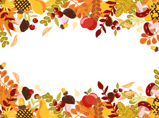 Thanksgiving day banner. Decorative frame with fall leaves, sunflowers, berries, fruits and vegetables.