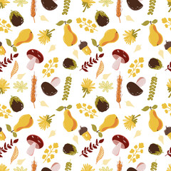 Thanksgiving day seamless pattern with fall leaves, vines, pumpkin pies,  berries, fruits and mushrooms. Background in warm autumn ocher colors.