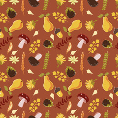 Thanksgiving day seamless pattern with fall leaves, vines, pumpkin pies,  berries, fruits and mushrooms. Background in warm autumn ocher colors.
