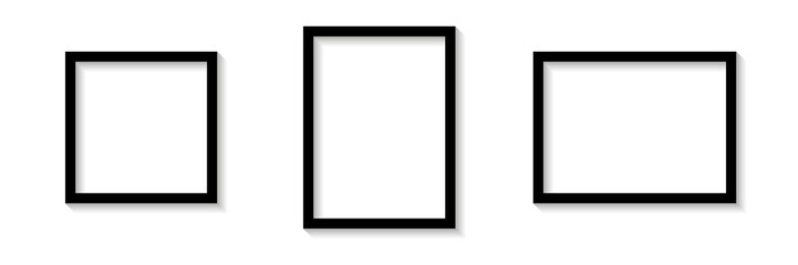 Black empty photo or picture frames shades isolated on white background. Vector illustration. Wall decor. Rectangle and square vertical and horizontal photo frame