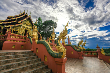 Landmark Sunrise with sky at Wat Phra That Doi Phra Chan on the top hill of Doi Phra Chan mountain...