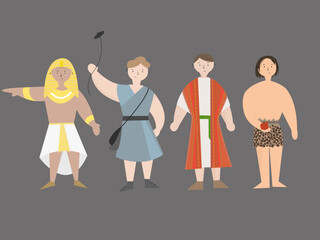 Cartoon biblical heroes: Pharaoh, David, Joseph, Adam 