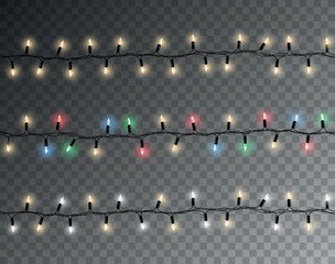 Fototapeta Vector shiny set of seamless light garlands - christmas decoration element on transparent background obraz