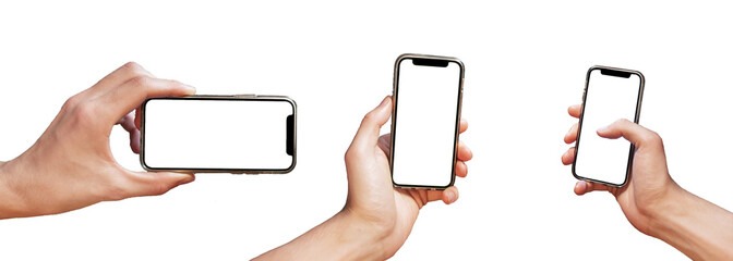 Man holding mobile phone in hand - set of different angles and positions. PNG with transparent...