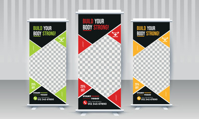 Build your body strong Fitness gym business standee rollup banner design with three color variant red orange green vector template