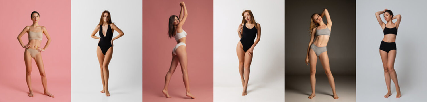 Full-length portraits of young beautiful different women in underwear isolated over multicolored background. Concept of natural beauty, body and skin care, fashion, ad