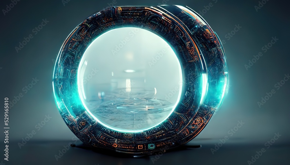 Poster a futuristic circular portal, with an intricate technological design, a portal to another world isol