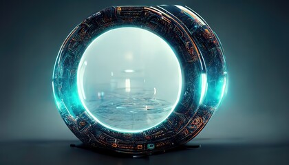 A futuristic circular portal, with an intricate technological design, a portal to another world isolated on a blue background. - obrazy, fototapety, plakaty
