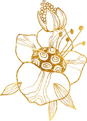 Gold line floral arrangement, fancy outline flowers with leaves and pollen on white background, hand drawn botanical illustration
